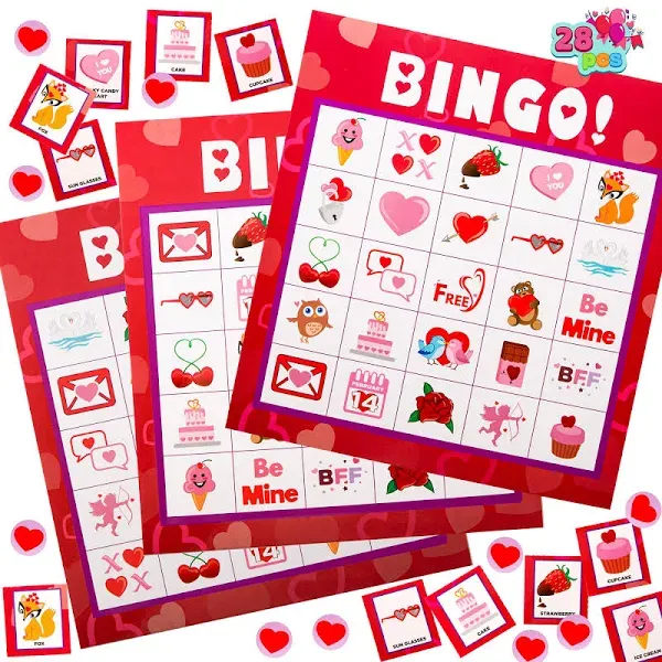 JOYIN Valentines Day Bingo Game Cards (5x5) – 28 Players for Kids Party Card Games, School Classroom Games, Love Party Supplies, Family Entertainment Activities