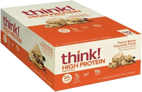 Think! Protein Bars High Protein Snacks Gluten Free Kosher Friendly Peanut Butter Chocolate Chunk 10