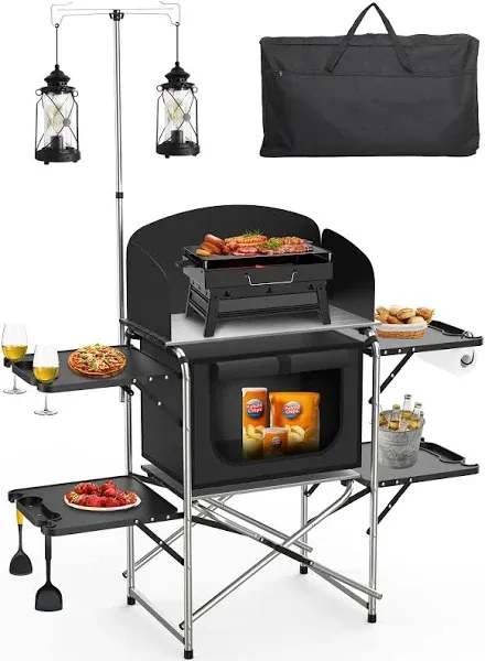 Camping Table, Camping Kitchen Table, Folding Camping Table with Storage Bag, Upgrade Light Stand & Windshield Cooking Station, for BBQ, Picnic, Cooking