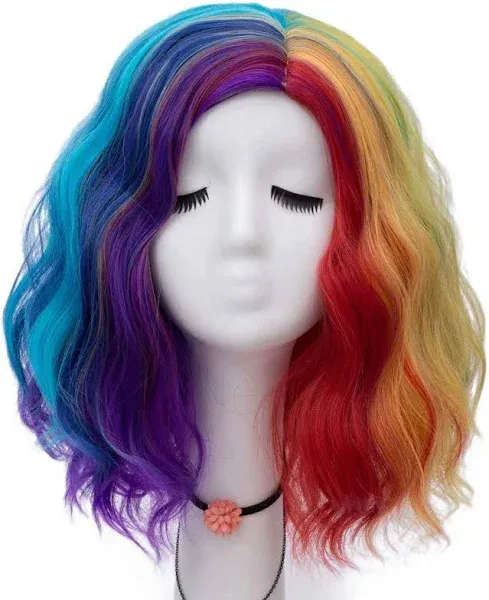 Women 16 Inches Middle Length Water Wave Rainbow Colorful Fashion Daily Cospl...