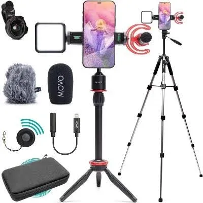 Movo iVlog1-IP Vlogging Kit for iPhone 15/16 and up with Fullsize Tripod - USB-C Compatible Vlog Kit - Accessories: Shotgun Mic, Tripods, LED Light, Wide-Angle Lens for YouTube Starter Kit