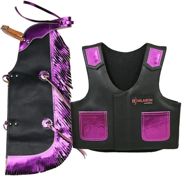 HILASON Junior Youth Bull Riding Pro Rodeo Leather Protective Vest Chaps Black with Purple | Bull Riding Chaps | Leather Vest