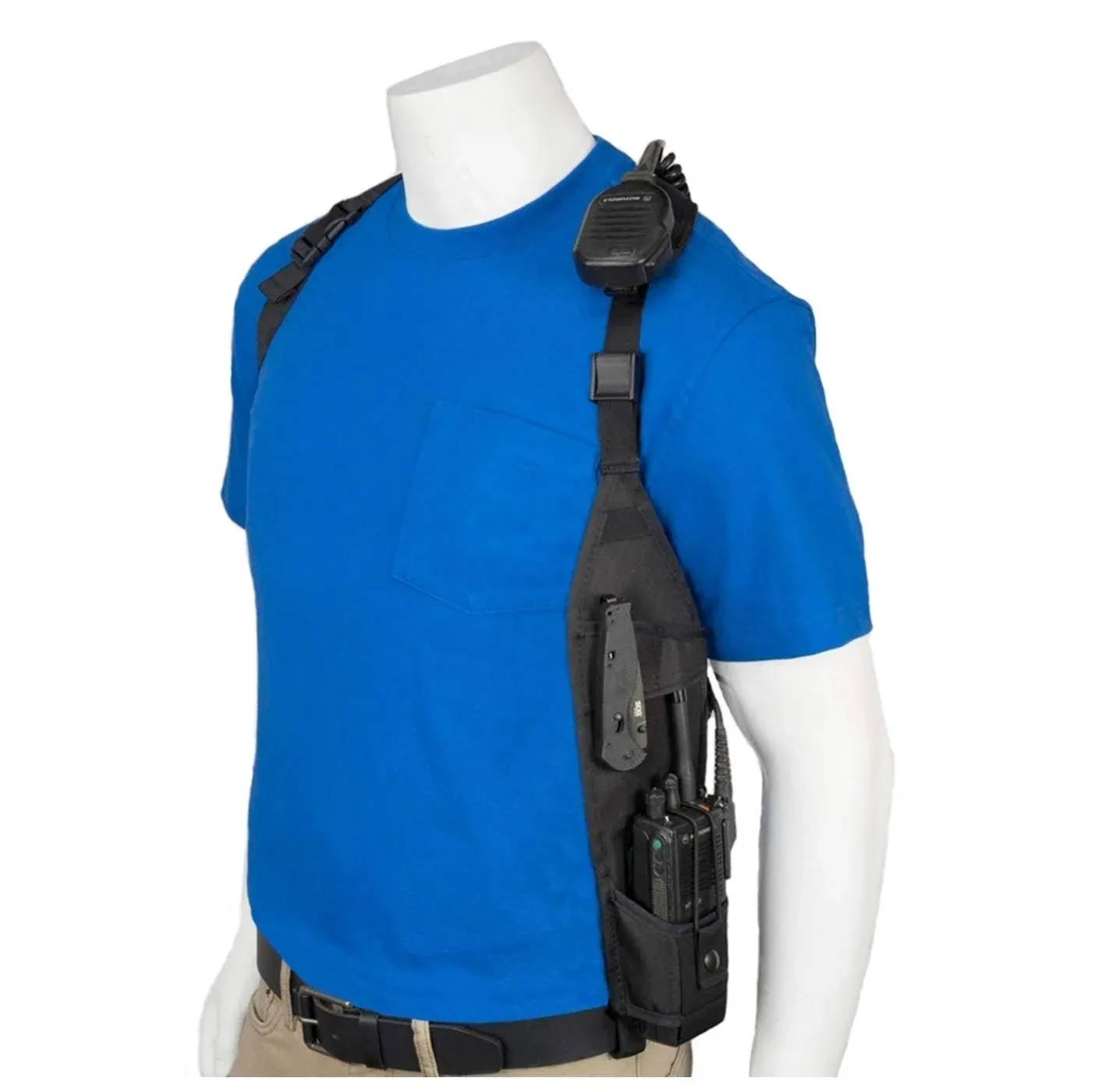 USH-300L Universal Left Side Radio Shoulder Holster Chest Harness with an Adjustable Radio Pouch fits all Motorola ICOM Vertex Two Way Radios from 4-3/4' up to 9" tall. Made in The USA by Holsterguy.