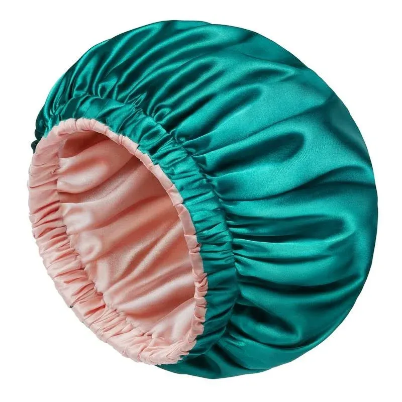 mikimini Satin Bonnet Silk Bonnet for Women Curly Hair, Reversible Double-Layer Sleeping Hair Bonnet Extra Large Stretchy Sleep Hair Cap (Green+Pink)