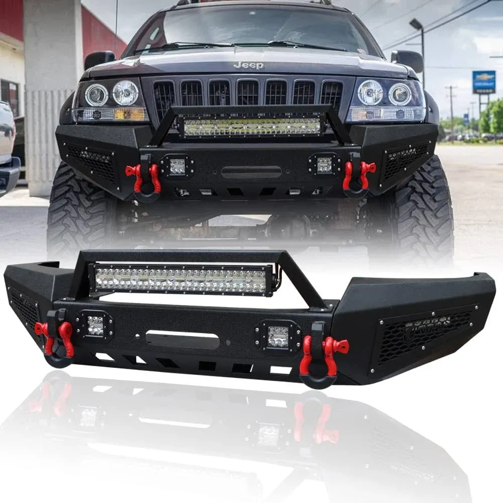 Front Bumper Texture Black w/Winch Plate & 5 LED Lights & D-Rings Compatible with 1999-2004 Jeep Grand Cherokee WJ