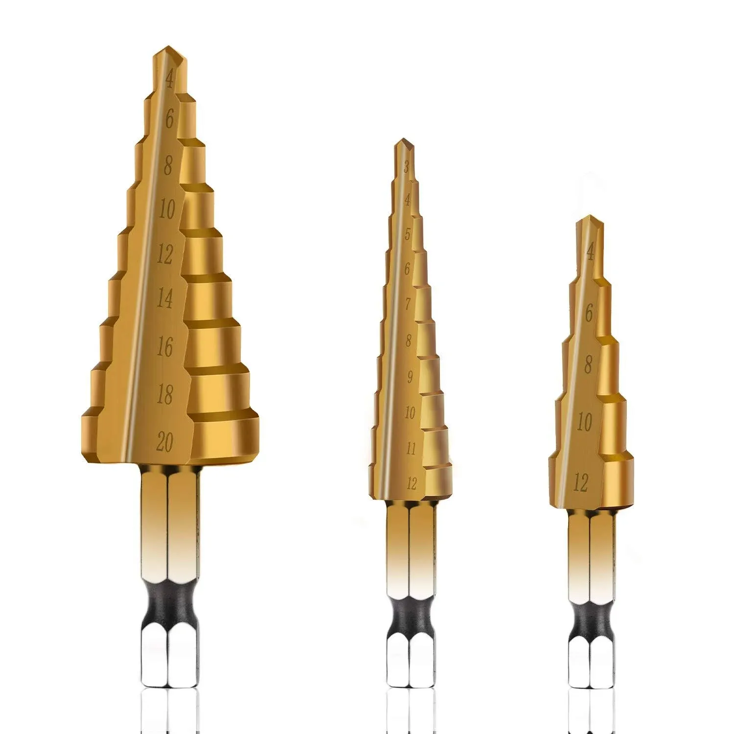 HSS Step Drill Bit Set - 3PCS 1/4&#034; Hex Shank Titanium Coated High Speed Steel...