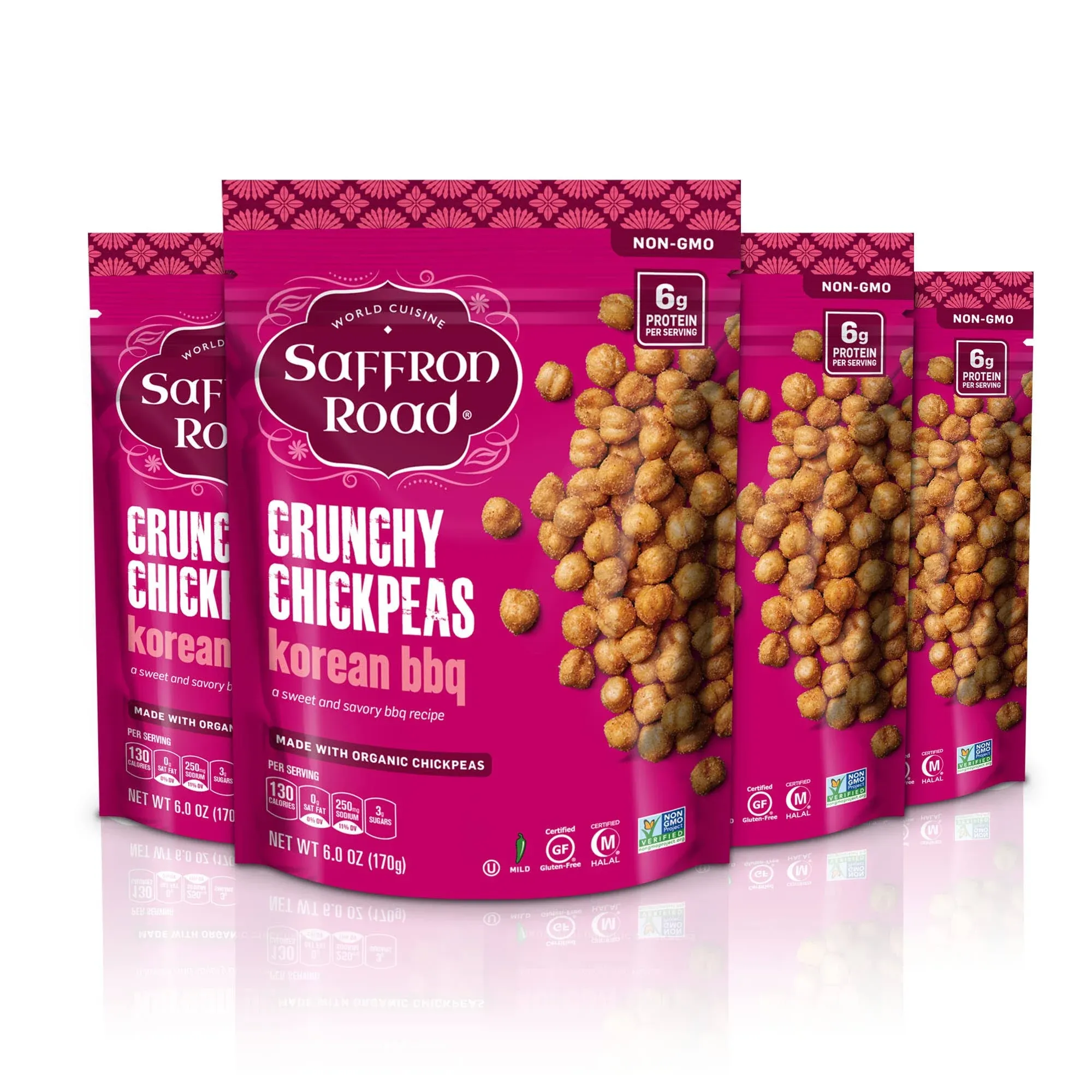 Saffron Road Organic Crunchy Chickpea Snacks-Gluten Free, Non-GMO, Halal, Kosher, Vegan - (Korean BBQ, 6 oz (4 Pack))