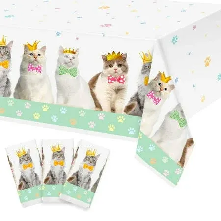 3 Pack Cat Themed Party Tablecloth, Cat Paw Print Plastic Tablecloth Table Cover, Kitten Birthday Party Supplies for Puppy Cat Birthday Decorations Baby Shower Party, 54 x 108 inches