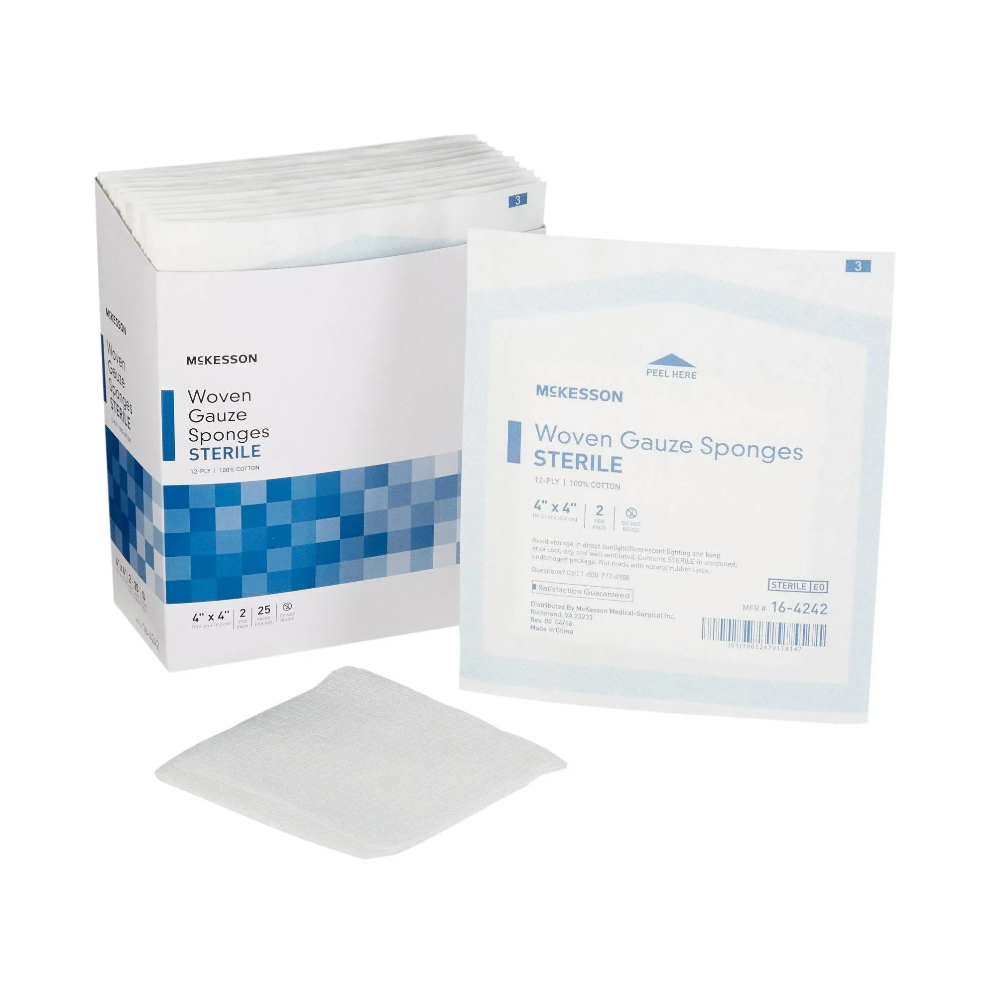 McKesson Gauze Sponge, Cotton, 12-Ply 4 x 4 inch, Sterile, Case of 1200