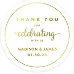 Andaz Press Personalized Round Circle Wedding Favor Gift Labels Stickers, Metallic Gold Ink, Thank You for Celebrating with US, 40-Pack, Custom Made Any Name