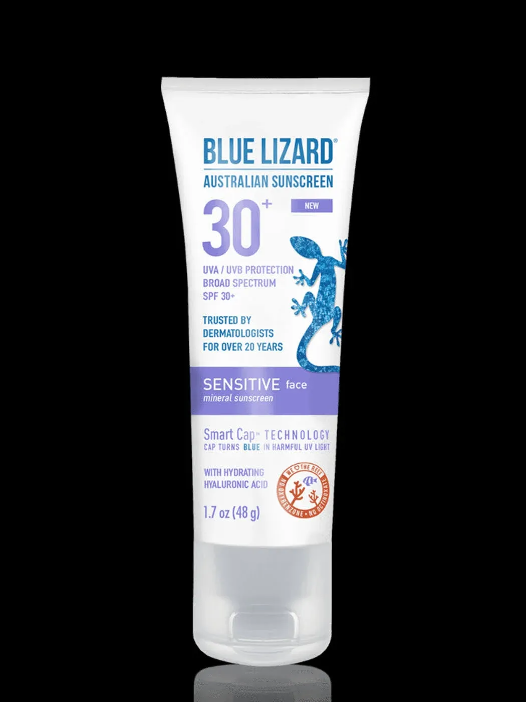 Blue Lizard SENSITIVE FACE Mineral Sunscreen with Zinc Oxide and Hydrating Hyaluronic Acid, SPF 30+, Water Resistant, UVA/UVB Protection with Smart Cap Technology - Fragrance Free, 1.7 oz.