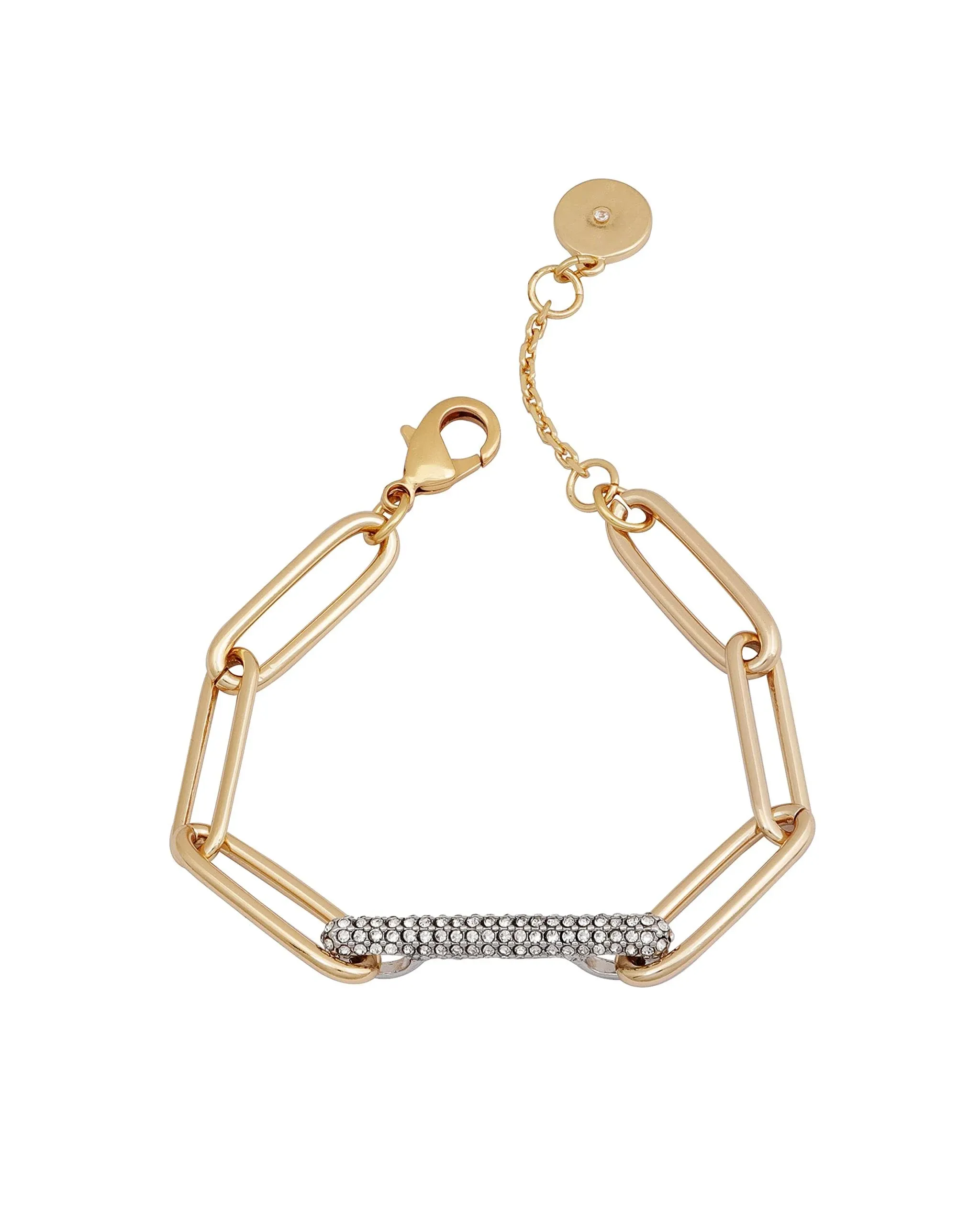 Vince Camuto Gold Tone Paperclip Link Chain Bracelet with Crystal Stone Pave Bar