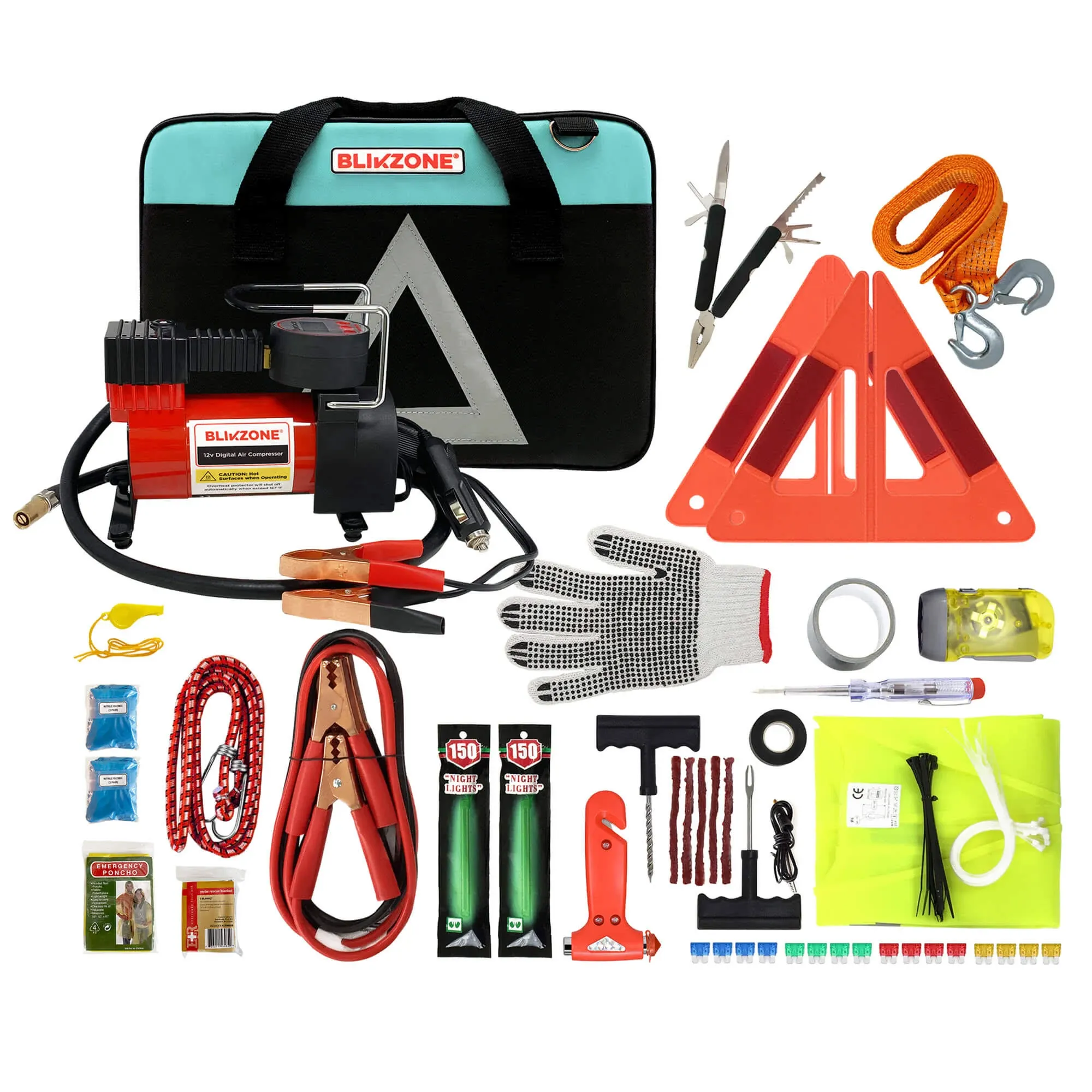 BLIKZONE Aqua Car Emergency Kit for Vehicles Road Trip, Car Essentials for Women with Tire Repair Kit, Jumper Cables, Heavy Duty Digital Air Compressor, Multitool. Truck Accessories for Men.