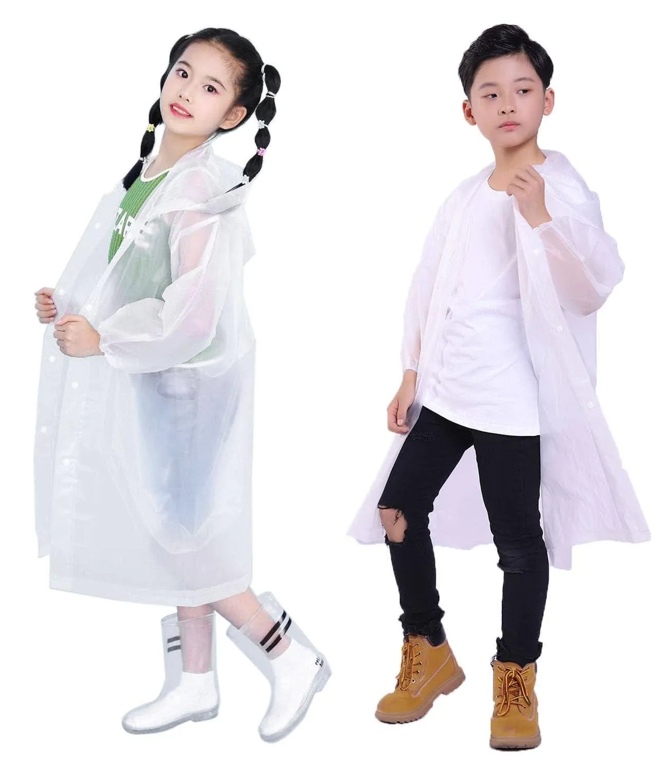 Kids Rain Jacket, 2 Pack Rain Ponchos for Kids with Hood and Sleeves Reusable Raincoats for Boys and Girls