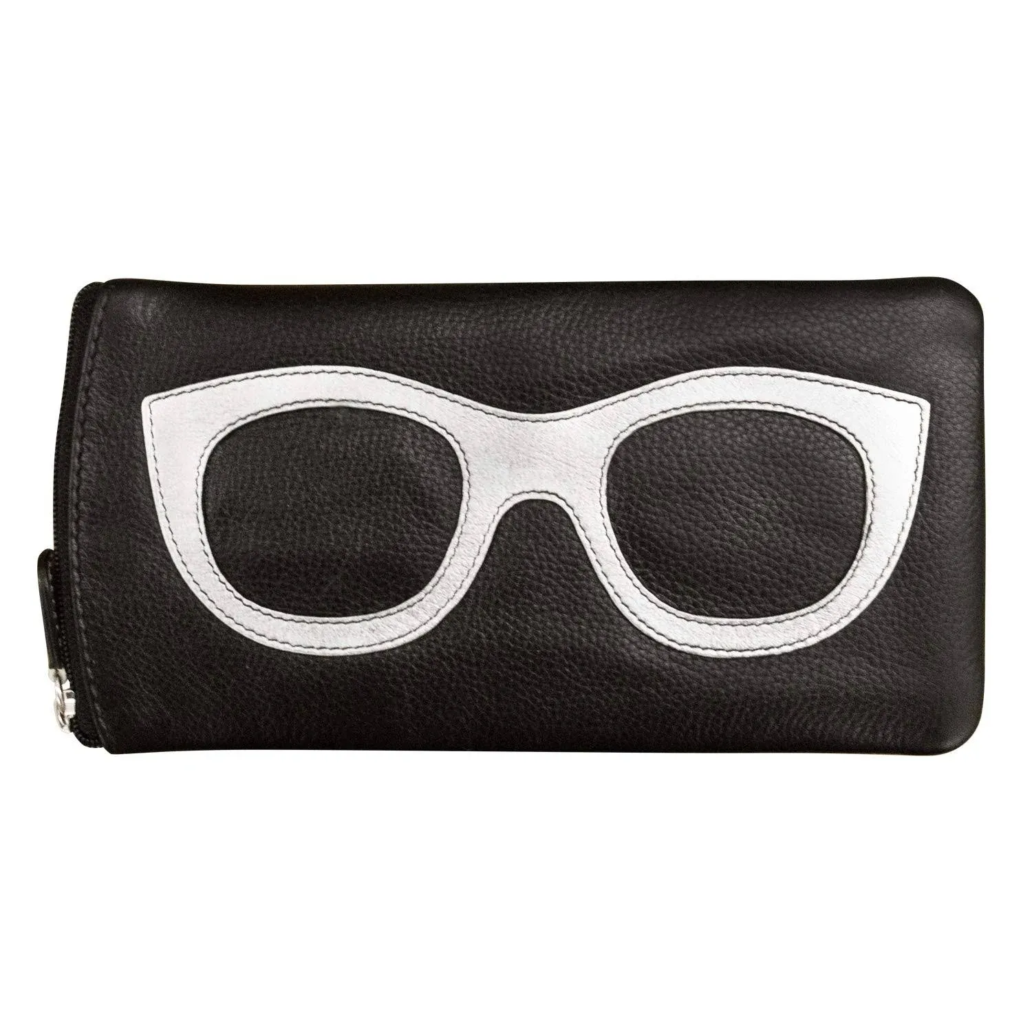 ili New York - Leather Eyeglass Case -Zippered Enclosure Eyeglass Case w/Frame Silhouette Embellishment