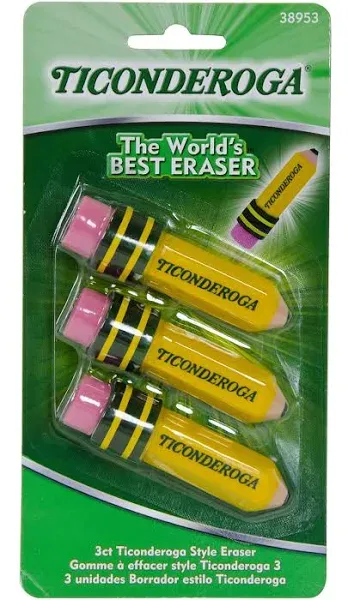 TICONDEROGA Erasers, Pencil Shaped, Latex-Free, Yellow, 3-Pack (38953)