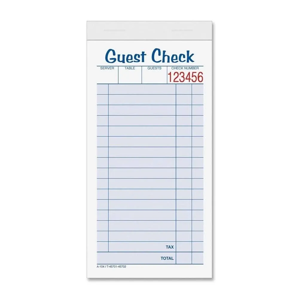 TOPS 2-part Carbonless Guest Check Books - 2 Part - 3.37" x 5.50" Sheet Size - Blue, Green, Red Print Color - 10 / Pack