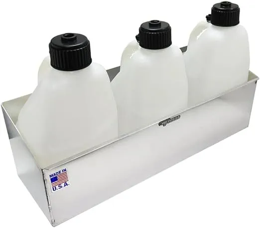 Pit Posse 436 Triple Utility Fuel Jug Rack Holder Shelf 34.5" Fits 3 Five Gallon Jugs - Made in USA - Enclosed Race Trailer Garage Shop Storage Workspace Aluminum Organizer (Silver)