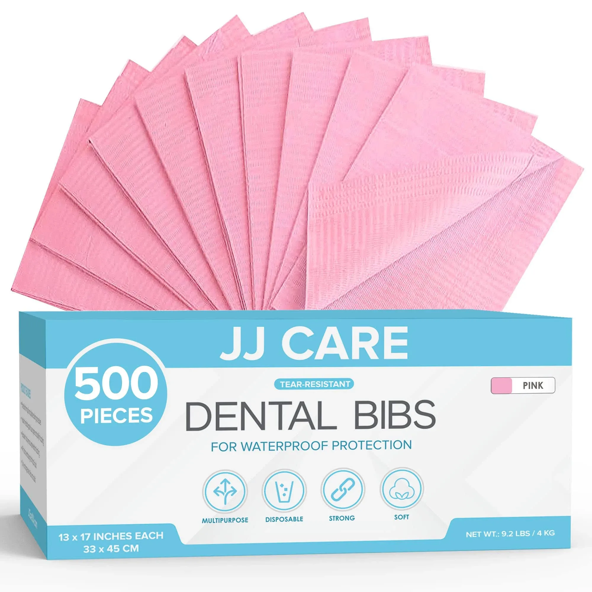 JJ CARE Dental Bibs [Pack of 500] - 13" x 18" Pink Dental Bibs, 3 Ply Waterproof Dentist Bibs, Dental Bibs Disposable for Eyelash Extension, Patient Bibs for Nail Art, Dental Napkins for Piercing