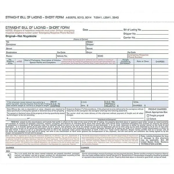 Adams Bill of Lading Short Form