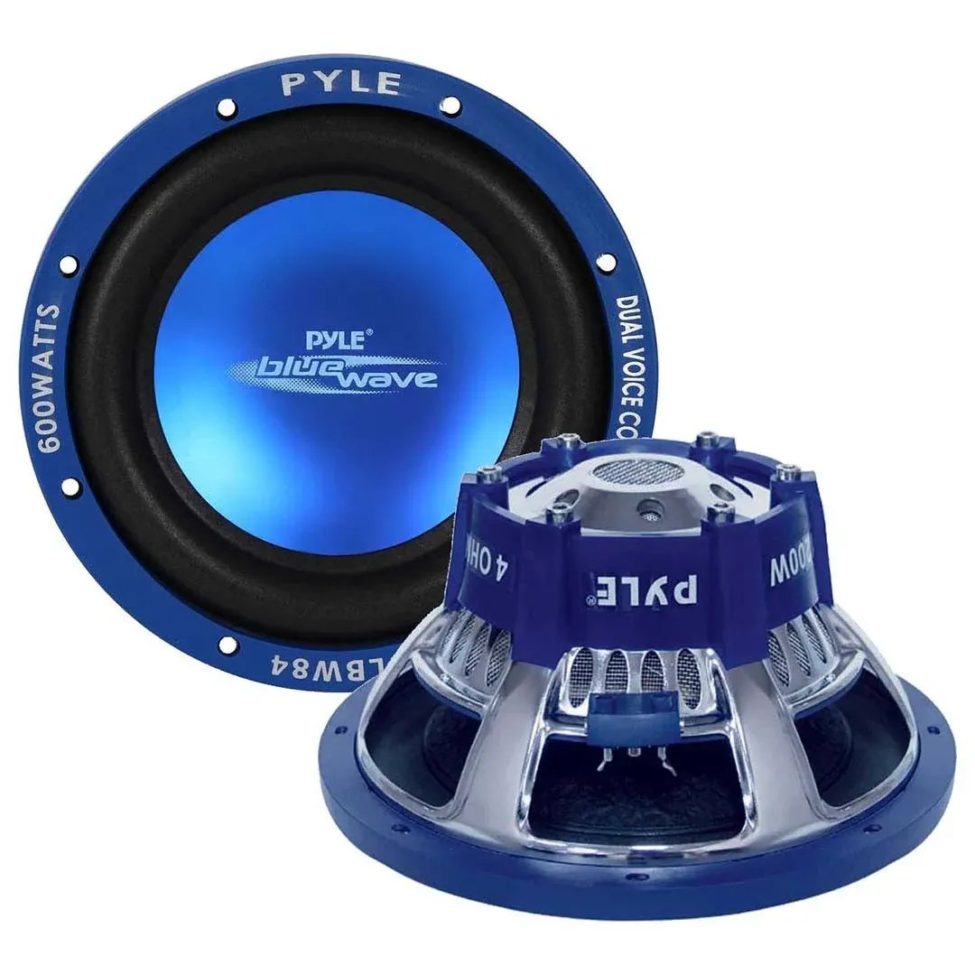 Pyle Car Vehicle Subwoofer Audio Speaker - 8 Inch Blue Injection Molded Cone, Blue Chrome-Plated Plastic Basket, Dual Voice Coil 4 Ohm Impedance, 600 Watt Power, Vehicle Stereo Sound System PLBW84