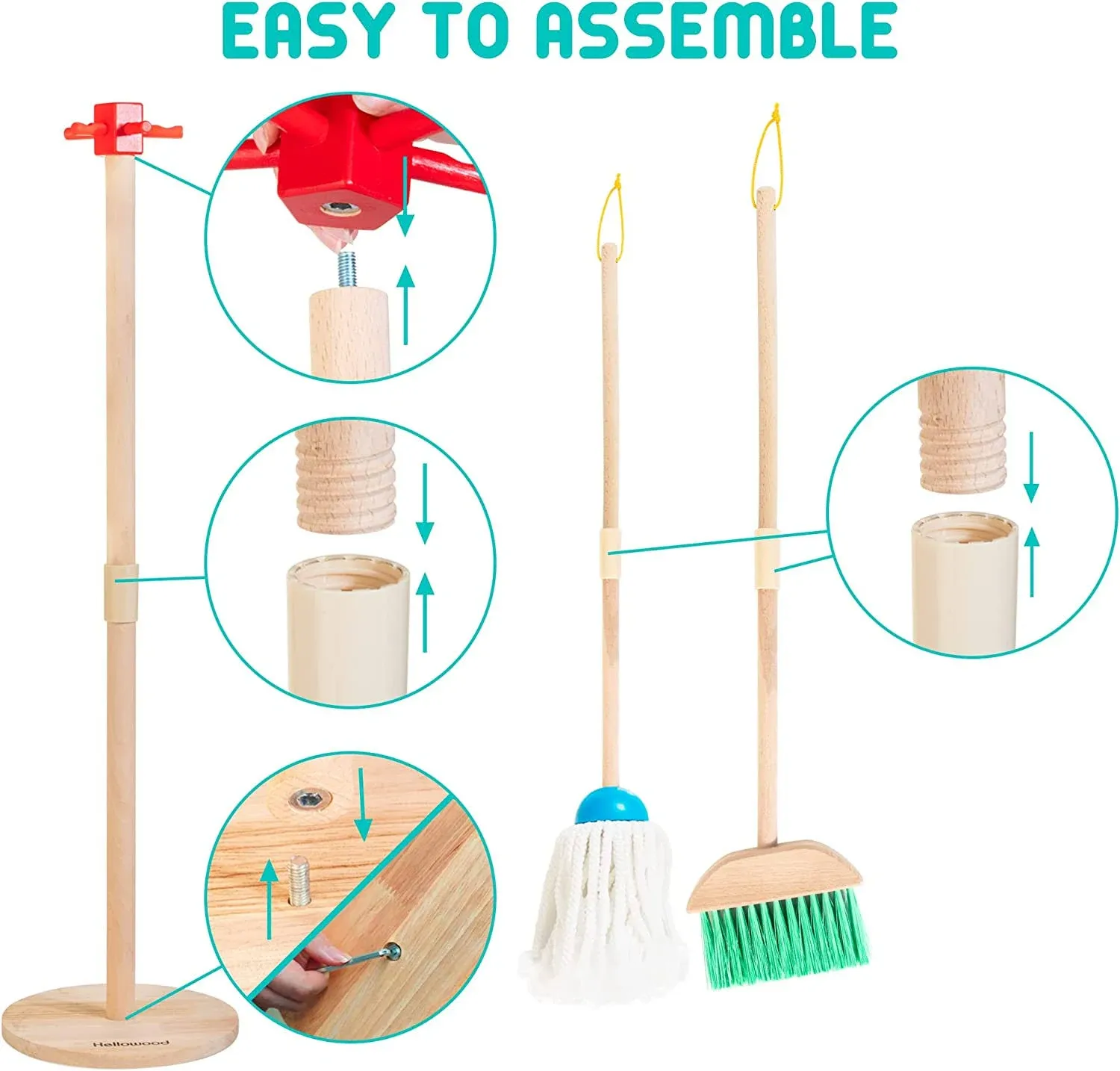 HELLOWOOD Kids Cleaning Set, 8pcs Housekeeping Play Set Includes Broom Mop Rag