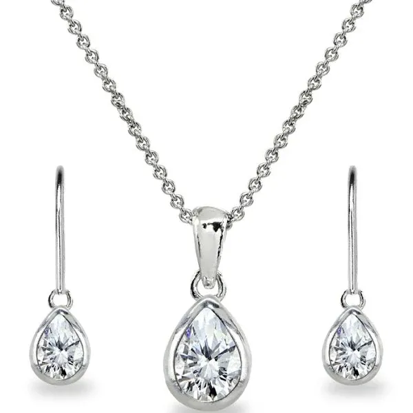 Sterling Silver Cubic Zirconia Teardrop Bezels-Set Pendant Necklace & Dangle Leverback Earrings Set by Silverspeck