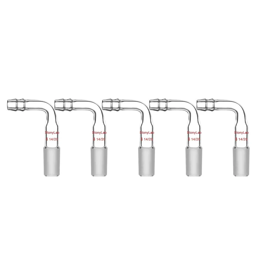 StonyLab Glass Bent Inlet Adapter with 14/20 Male Glass Joint and 10 mm Hose Connection Lab Glassware, 5 Packs