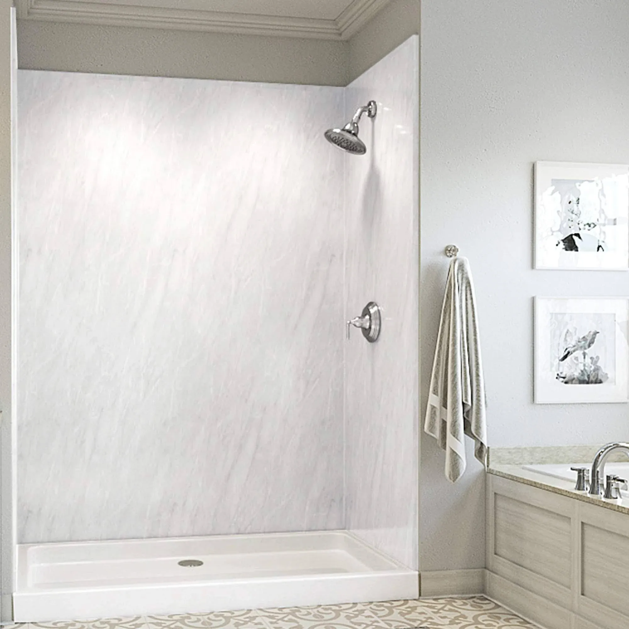 Mermaid Four Panel Shower Wall in 60' W x 36' D x 72' H in Trullo Marble, 60x36x72