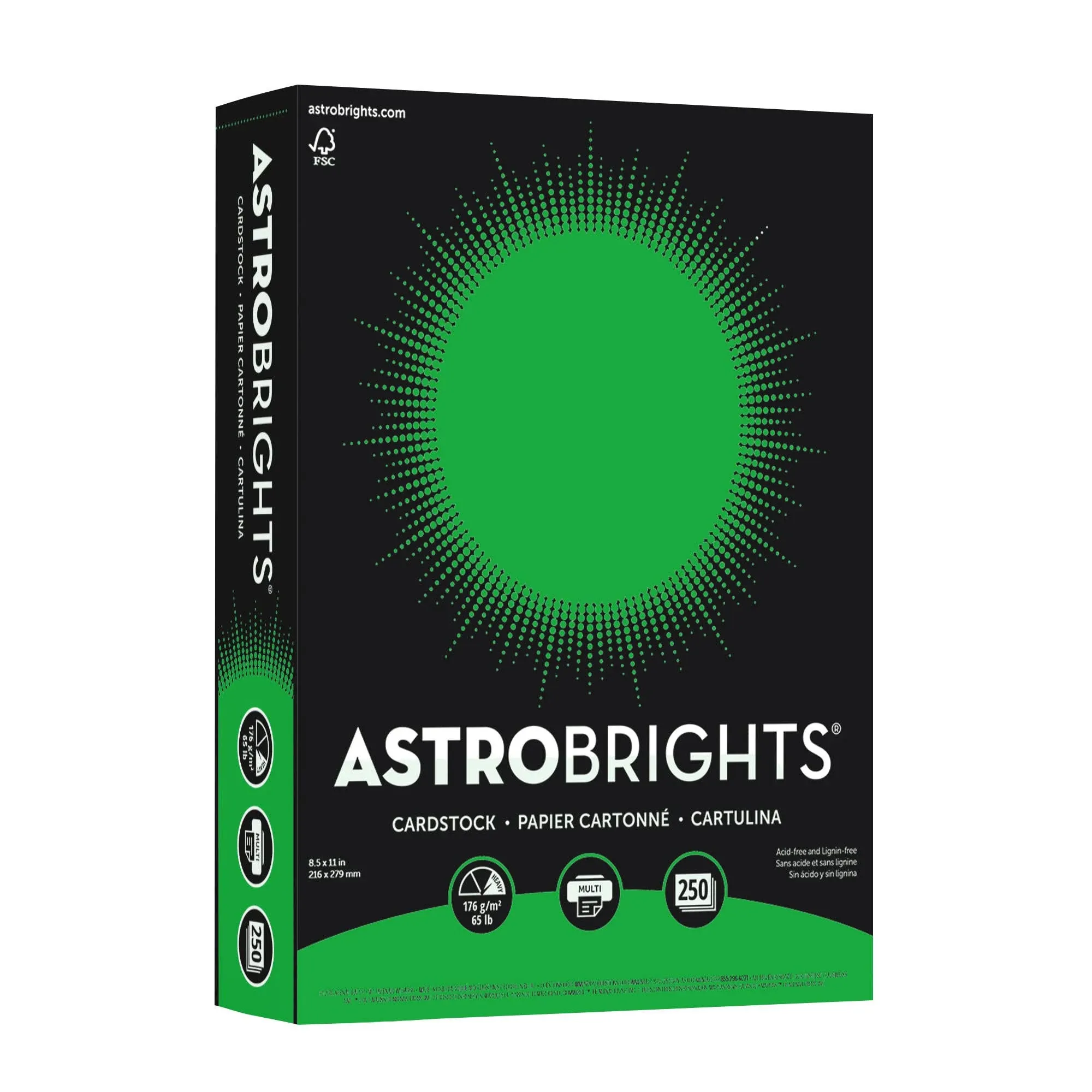 Astrobrights® Color Card Stock, 8 1/2" x 11", FSC® Certified, 30% Recycled, 65 Lb, Gamma Green, Pack of 250 Sheets