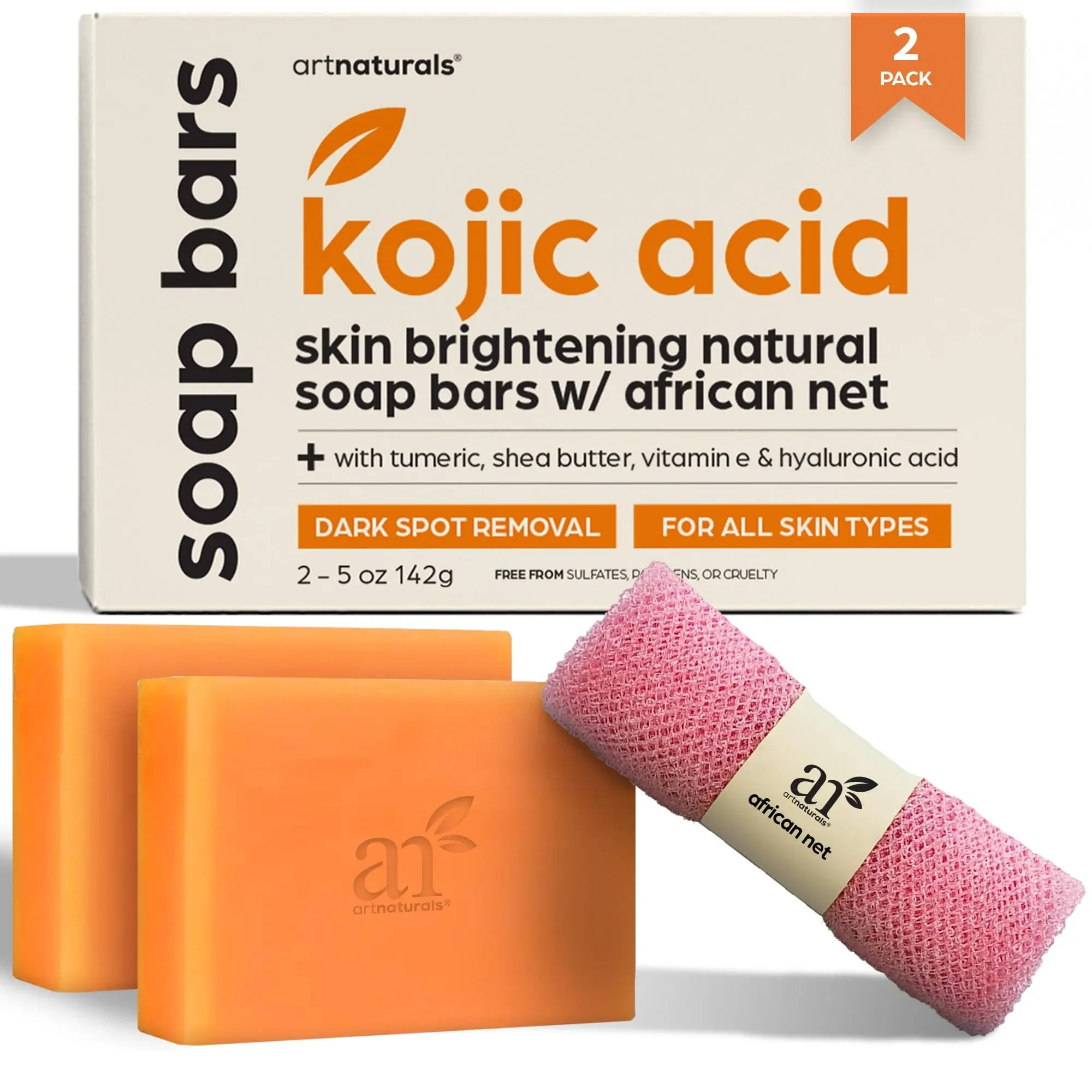 Artnaturals Kojic Acid Soap + African Net Sponge (2 pack X 142g Turmeric bars) Dark spot remover & Scars - Original Japanese Complex Vitamin C, Hyaluronic Acid, retinol, shea butter (Citrus)