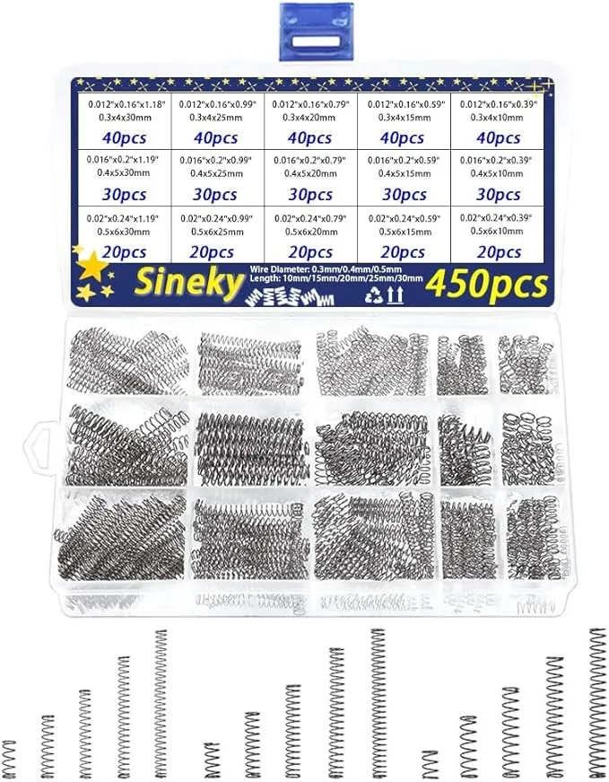 Sineky 450pcs Compression Springs Assortment Kit, Small Spring Set for DIY Repair Project, 15 Different Sizes Stainless Steel Compressed Spring Kit