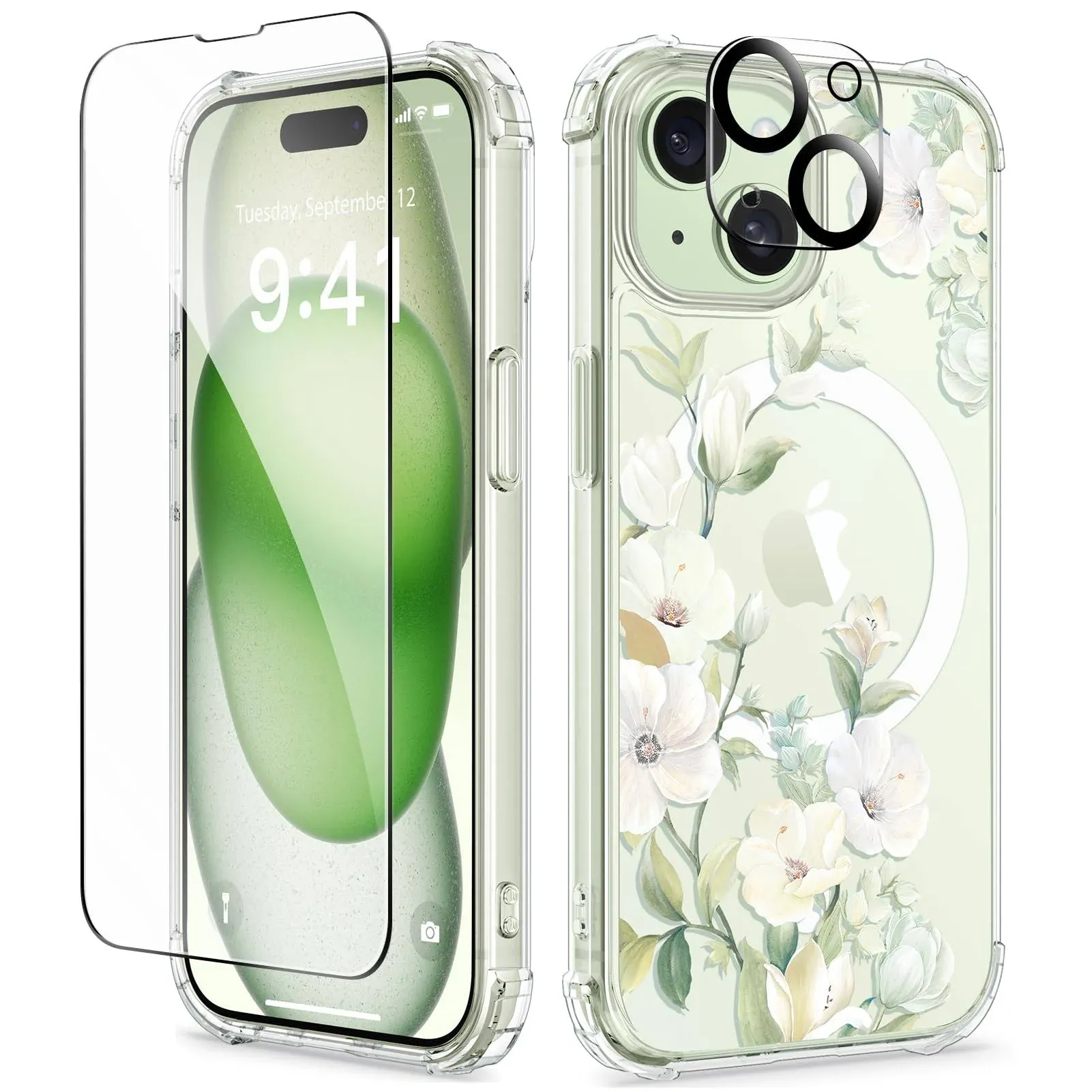 GVIEWIN Designed for iPhone 15 Plus Case 6.7", Compatible with MagSafe, [Screen Protector + Camera Protector] [MIL-Grade Protection] Magnetic Floral Clear Shockproof Women Cover (Magnolia/White)