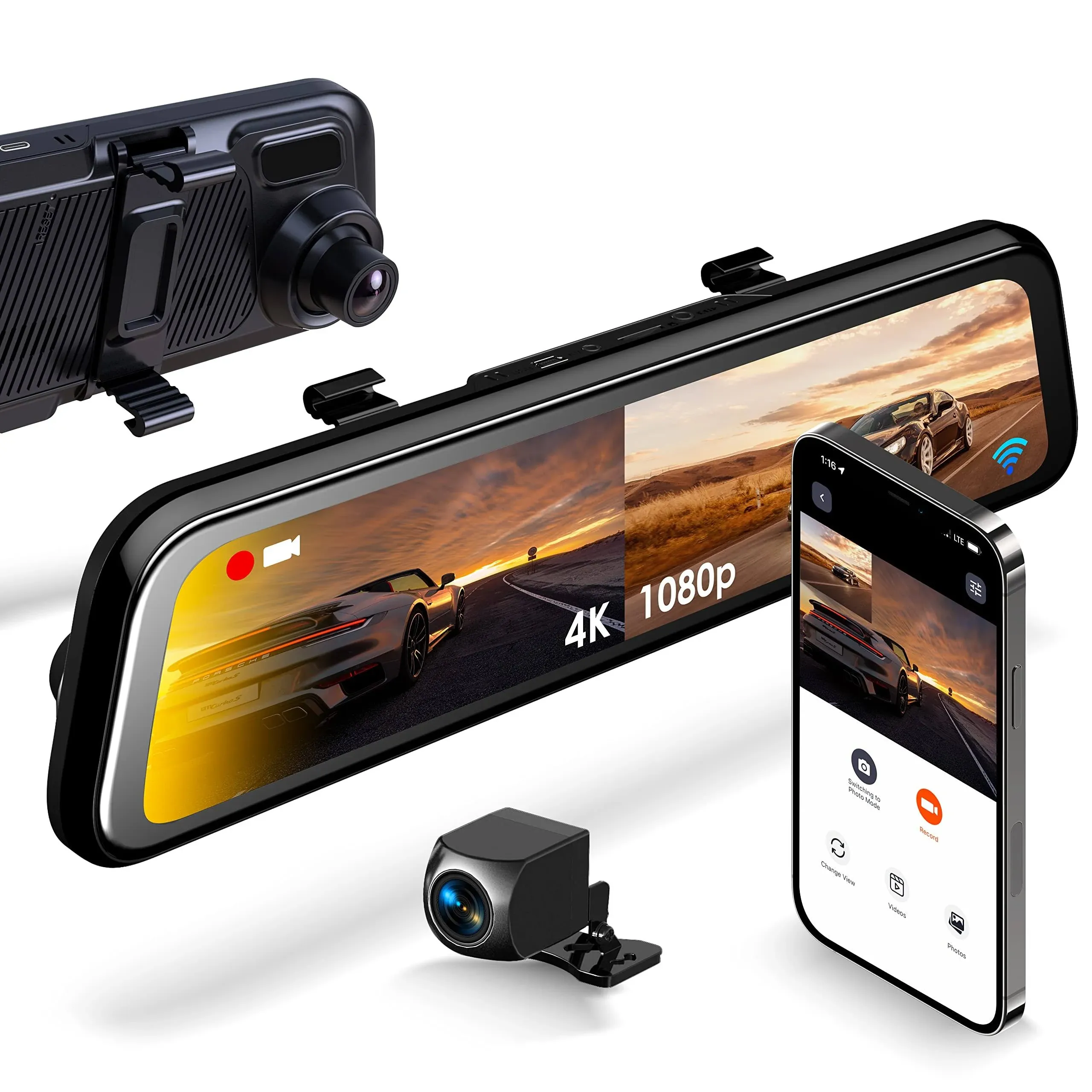 RexingUSA M2 MAX - 2-Channel Mirror Dash Cam w/ 12” IPS Touch Screen, 4K +