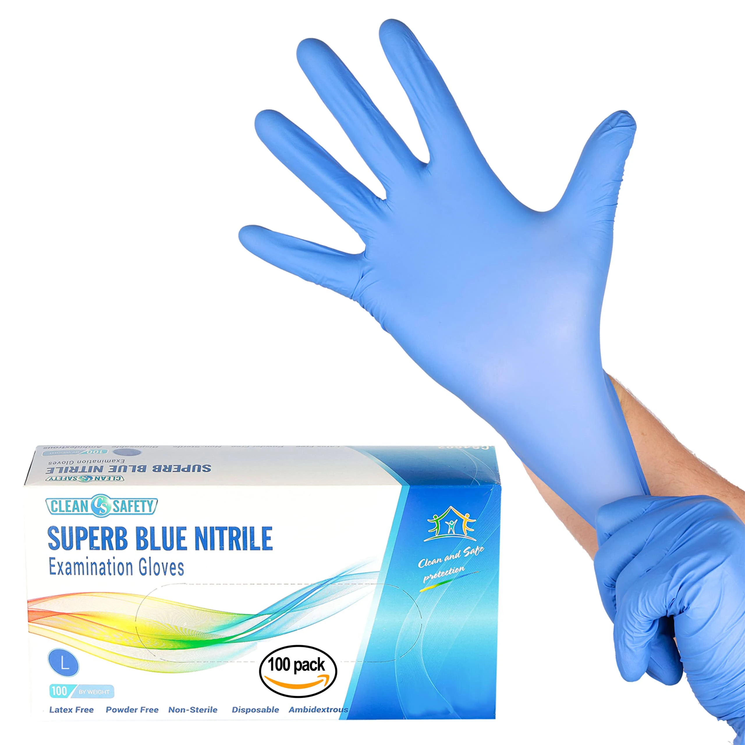 Superb Blue Nitrile Powder Free Examination Gloves, Single Use, Large, 100 Pack, Latex Free, Powder Free, Non-Sterile, Disposable, Textured Fingertips, Beaded Cuff, Synthetic Nitrile Rubber (NBR)