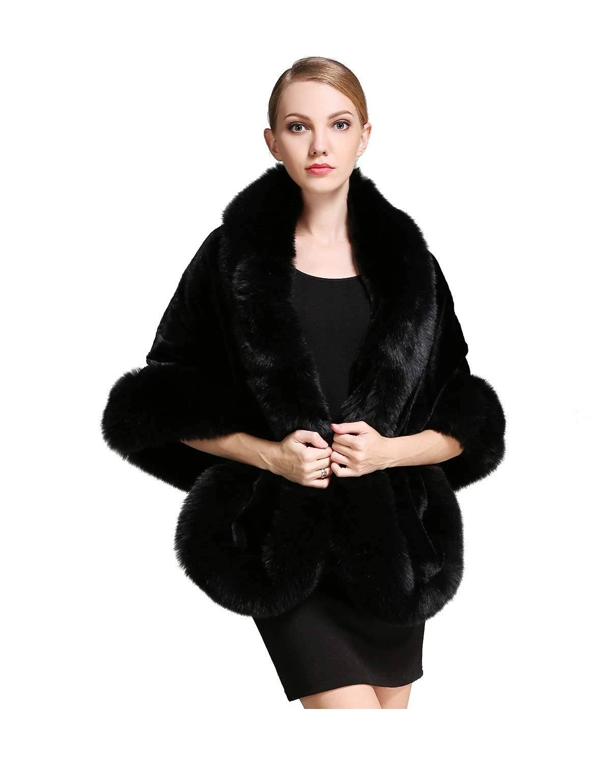 Beautelicate Women's Faux Fur Shawl Wrap Stoles for Bridal Wedding Dresses-S64 Black