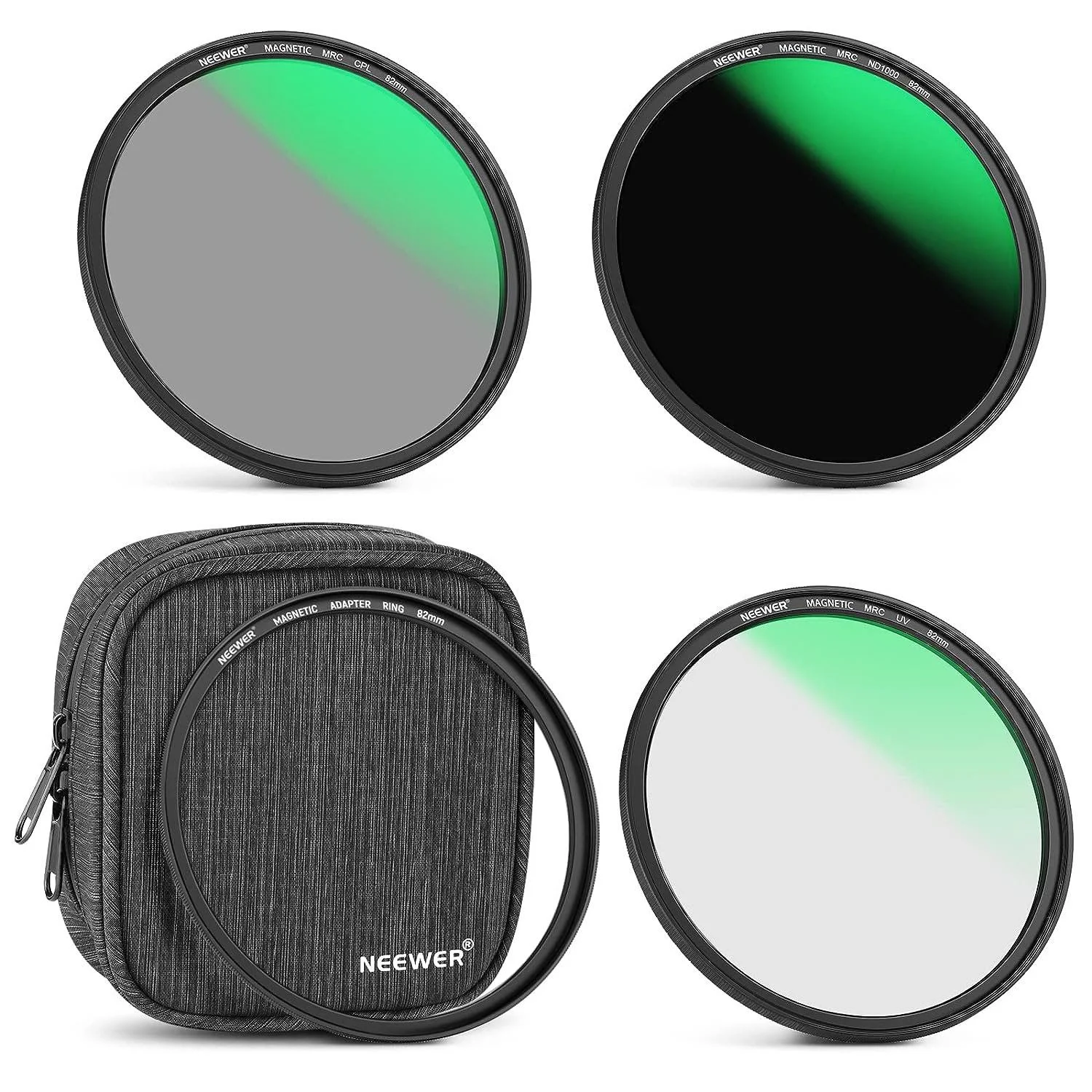 NEEWER 82mm 4-in-1 Magnetic Lens Filter Kit, Includes Neutral Density ND1000+MCUV+CPL+Adapter Ring with 42-Layer Coating/Ultra Slim/Waterproof/Scratch Resistant HD Optical Glass&Water-Resistant Pouch