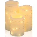 Flickering Flameless Candles Ivory Real Wax Pillar with Embedded String Light...