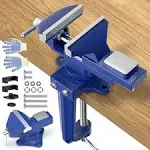 2-in-1 Bench Vise For Workbench 3.2"- Multi-functional Portable 360° Swivel Base Clamp On Vice/Table Vise For Woodworking, Cutting Conduit, Drilling, Metalworking, Blue