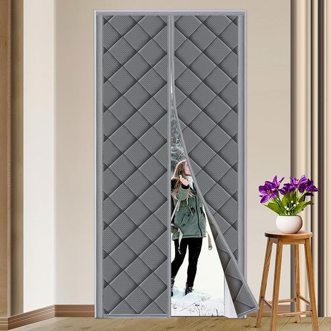 Magnetic Thermal Insulated Door Curtain Fits Door Size 36" x 82" Thicken Nylon Cotton Temporary Magnet Closure Thermal Door Cover Size W38 x L83 inch Weatherproof Windproof Soundproof, Grey