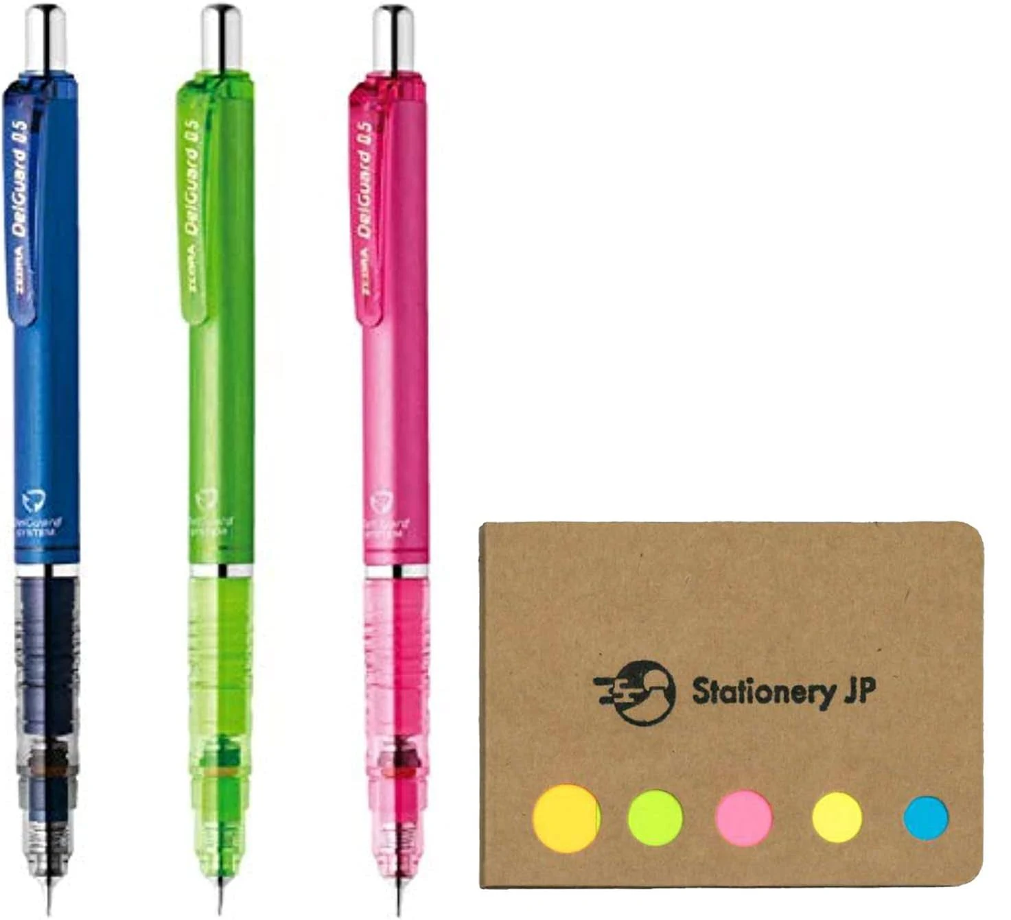 Zebra DelGuard Mechanical Pencil 0.3mm, 3 Color Body (Violet/Light Blue/Pink), Sticky Notes Value Set