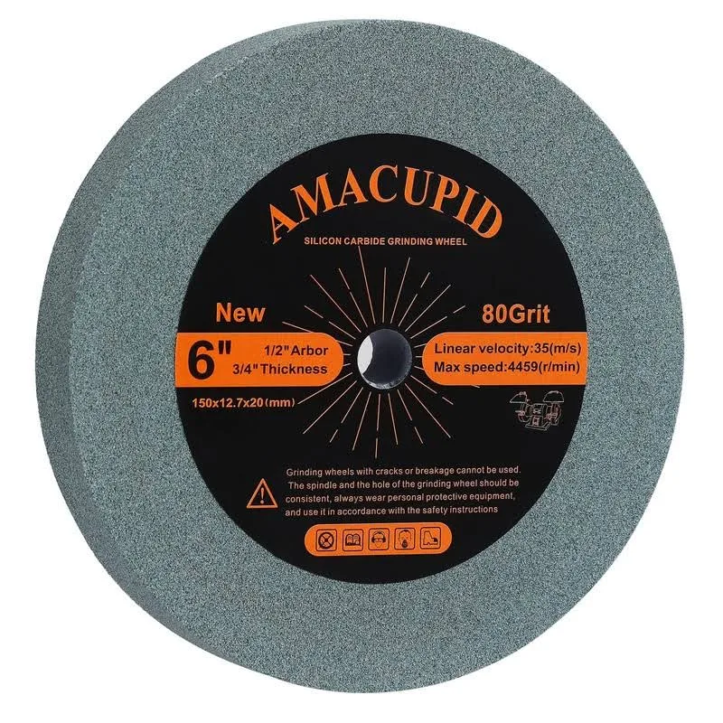 AmaCupid Bench Grinding Wheel 6 inch, for Sharpening Hard Alloy Tools, Products of Non-Metallic Materials. Green Silicon Carbide Abrasive. 1/2 inch