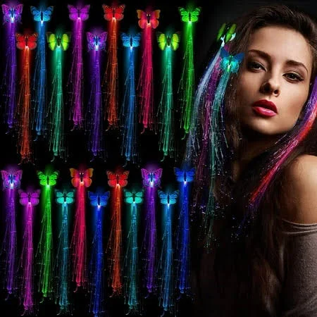 24 Pcs LED Lights Hair Accessories Butterfly Fairy Braid Extension Clips Glow in the Dark Party Favors Supplies Neon Rave Accessories Wig Multicolor Flash Braid Clip for Women Girl Festival