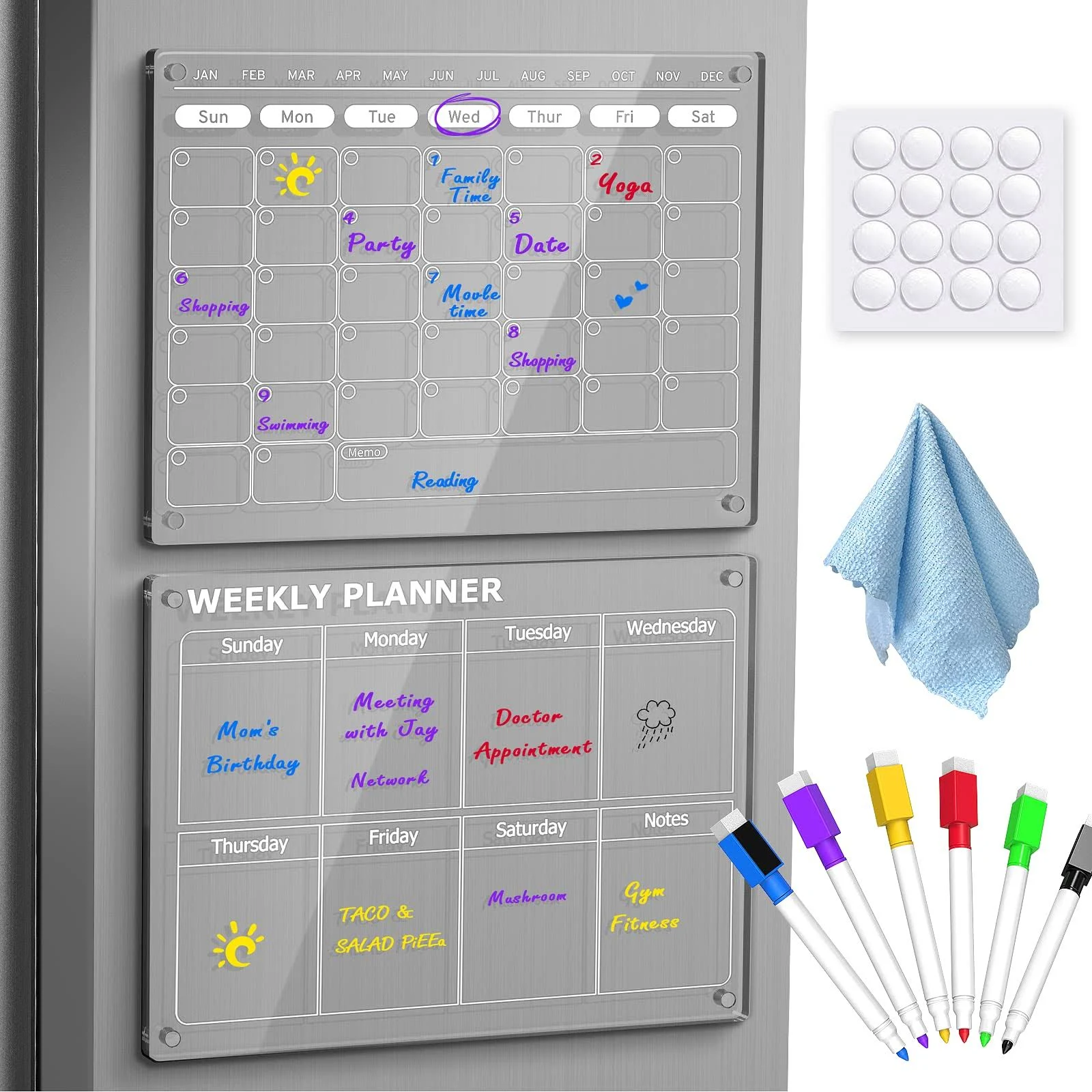 2 Pcs Acrylic Magnetic Monthly Calendar &amp; Weekly Planner Set for Fridge,... 