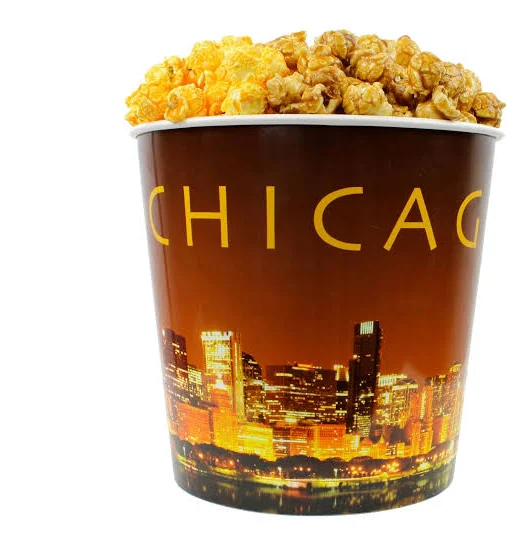 Signature Popcorn, 1-gallon Gold Chicago Skyline Reusable Plastic Bucket Tin, Butter, Caramel and Cheddar Cheese (3-Way Divider), Gourmet Popcorn Snack, Gluten Free - Christmas/Holiday Gift