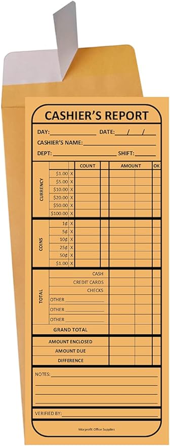 100 Cashier's Deposit Report Envelopes - For Stores, Restaraunts and Retail Businesses