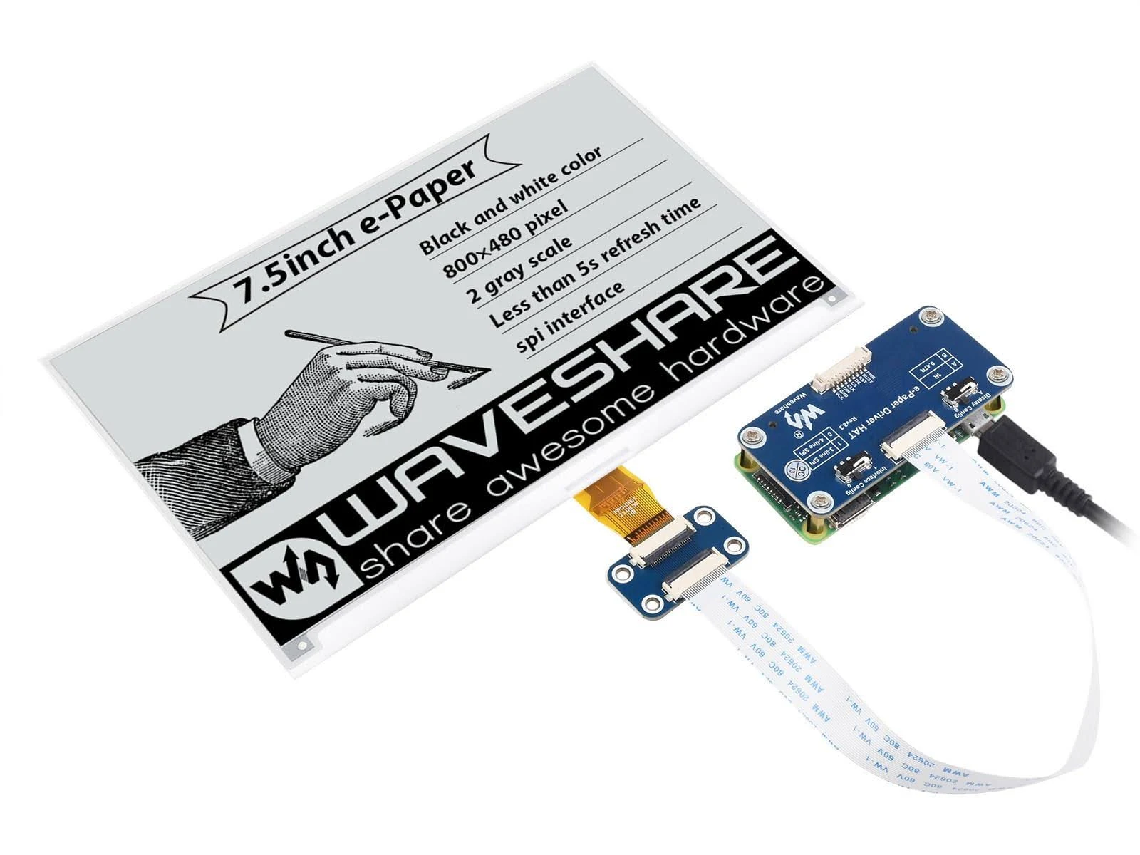 Waveshare 7.5inch E-Ink Display HAT for Raspberry Pi 800×480 Resolution with Embedded Controller Communicating via SPI Interface Supports Raspberry Pi Series Boards and Jetson Nano