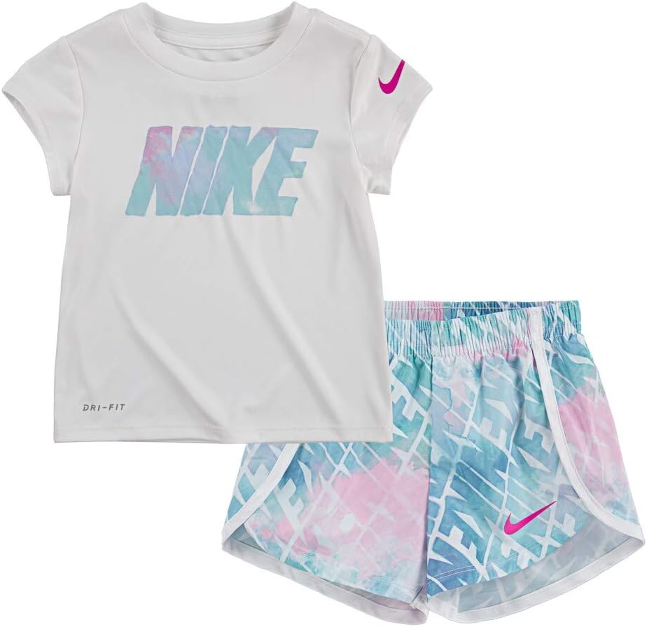 Nike Baby Girl 2 Piece Top &amp; Shorts Set ~ White, Teal &amp; Pink ~ DRI-FIT 