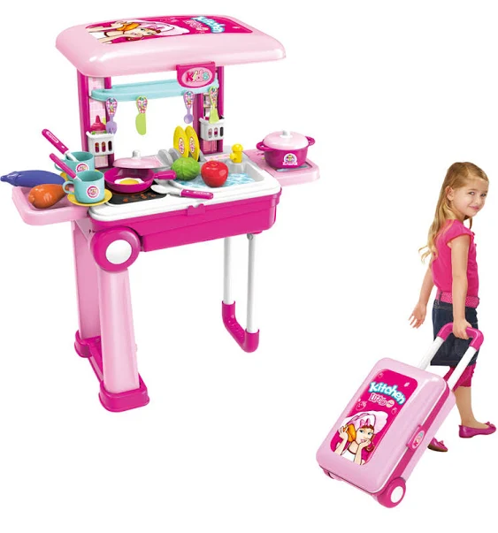 Pretend Kitchen Toy Chef 2 in 1 Pretend Play Travel Set Pink Girls Food