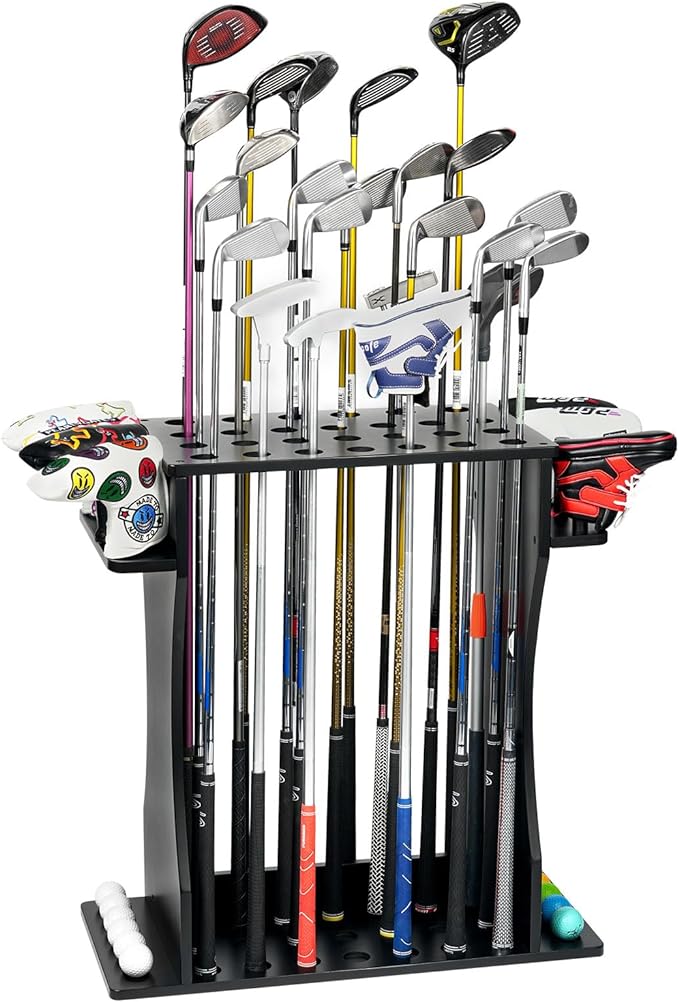 XCSOURCE Wooden Golf Club Holder, Golf Putter Stand Floor Display Rack, Golf Club Rack for 27 Clubs, Golf Balls, 8 Putter Covers Storage, Golf Club Organizer for Indoor Home Club Garage Simulator